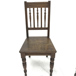 Victorian oak hall chair, carved cresting rail, solid seat (W49cm) and another similar chair (2)