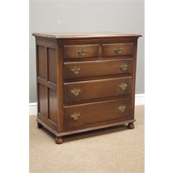  Mid to late 20th century small oak chest with panelled sides, two short and three long drawers, W76cm, H80cm, D46cm  