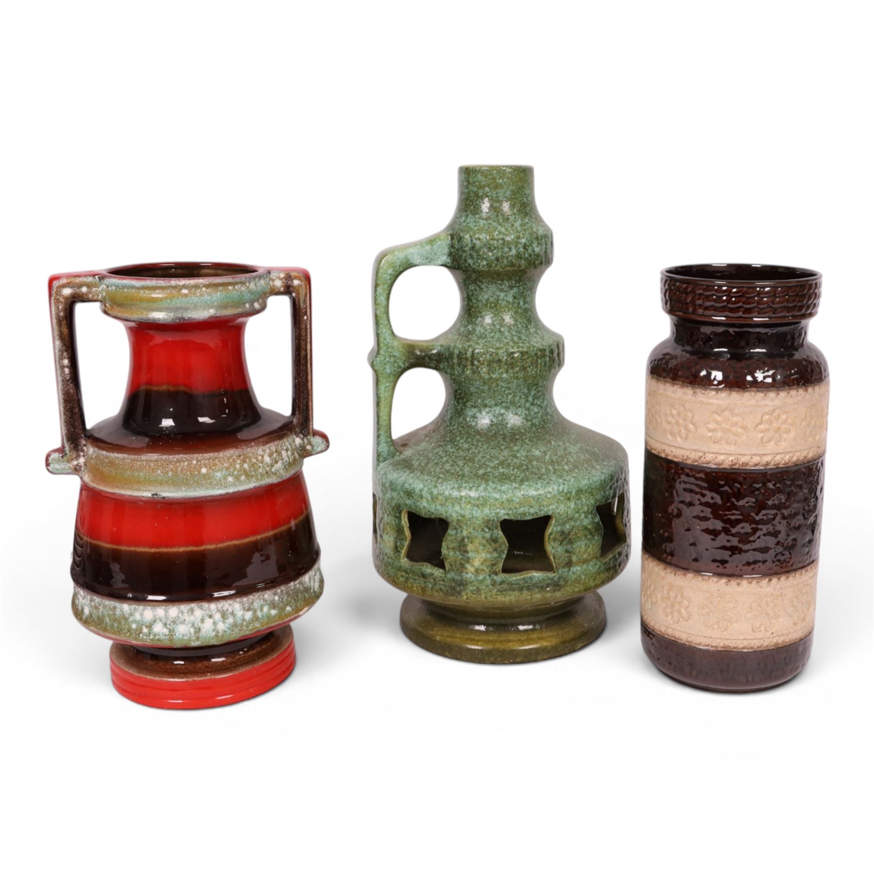 Two West German fat lava vases, together with a lamp base, largest H50cm