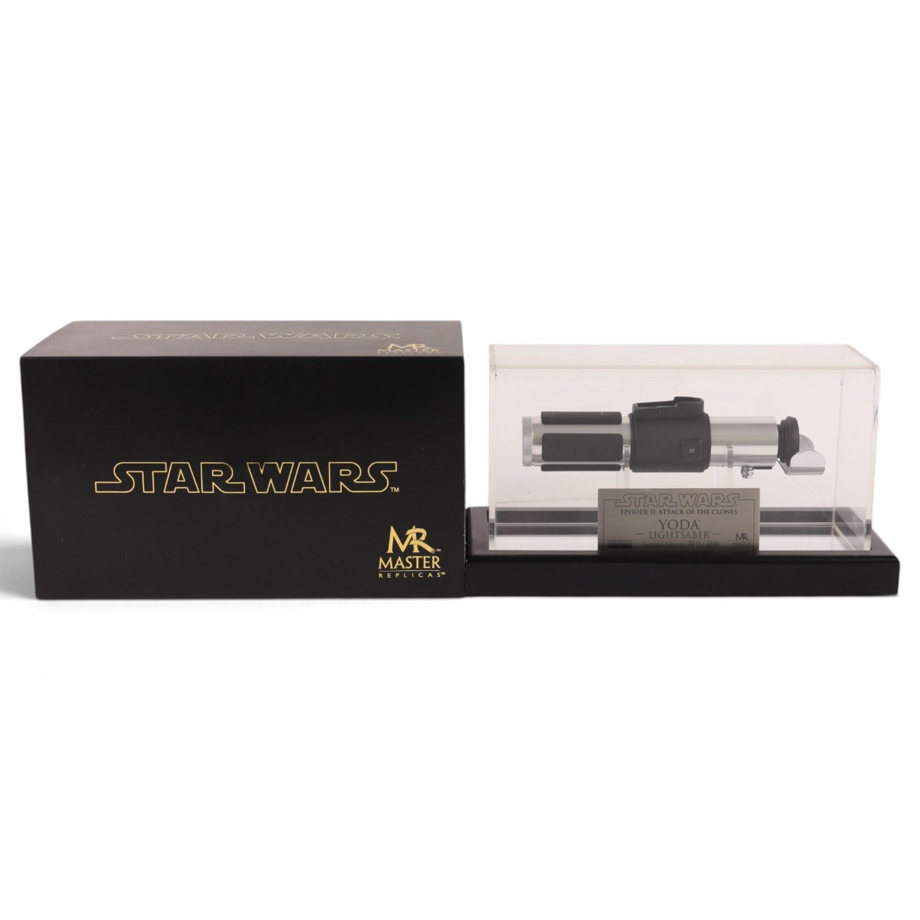 Master Replicas Star Wars Episode II Attack of the Clones Yoda's Lightsaber no. SW-104, 1:1 scale, in box with outer cardboard sleeve and certificate, separate acrylic display case and plaque, limited edition no. 2011/2500