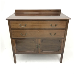 Edwardian mahogany dressing chest, raised mirror back, two short and two long drawers, square supports (106cm, H157cm, D52cm) and matching tallboy chest, shaped raised back, two drawers above two cupboards, square supports (W100cm, H99cm, D54cm)