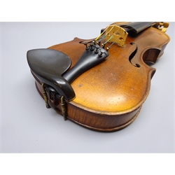  Late 19th century German folk fiddle with 35.5cm one-piece inlaid maple back, maple ribs and spruce top, L58.5cm, in carrying case  