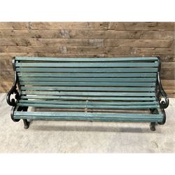 Early 20th century slatted garden bench with scrolling cast iron bench ends