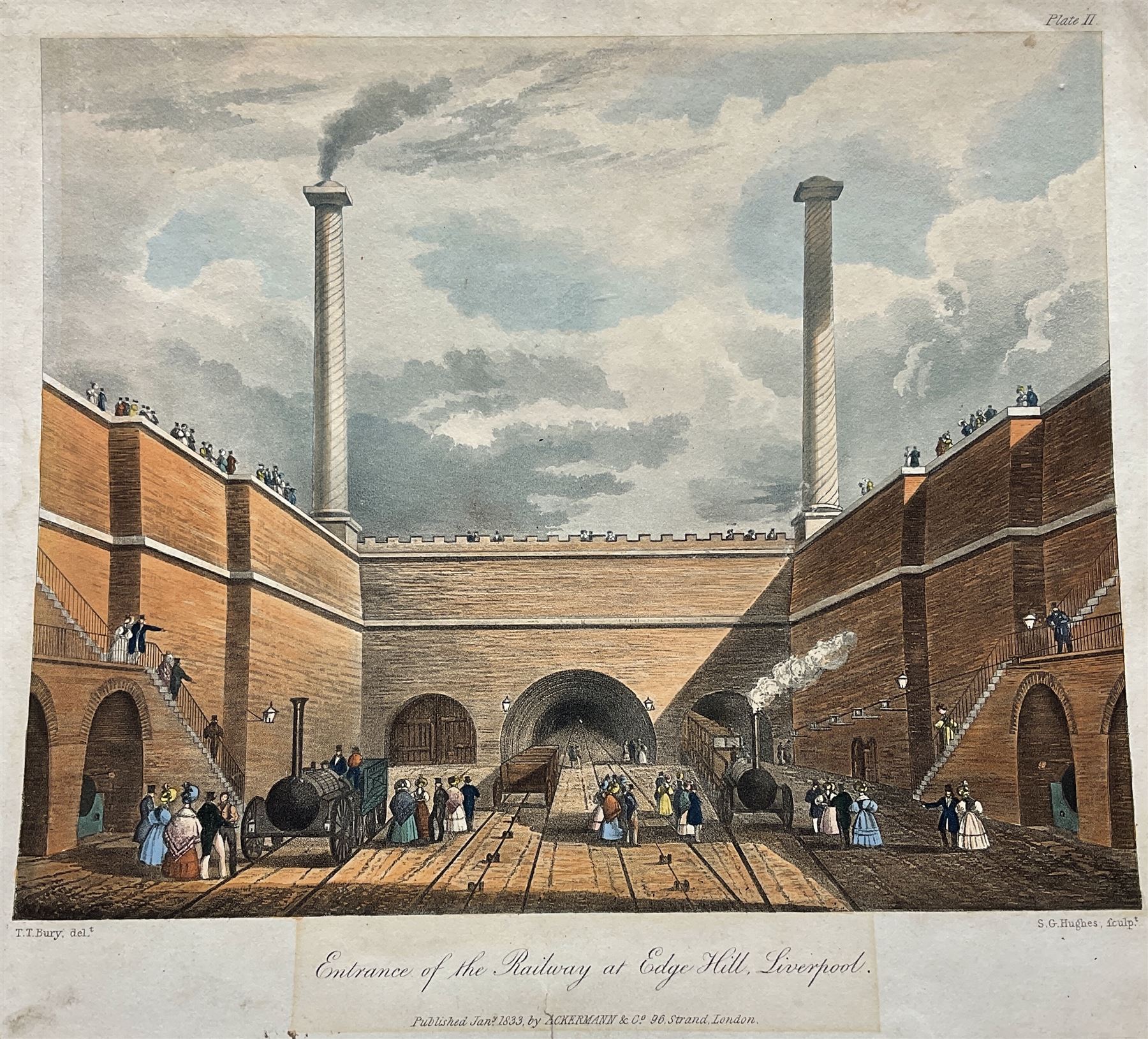 Henry Pyall and S G Hughes after Thomas Talbot Bury (British 1811-1877): Views on the Liverpool and Manchester Railway, twelve aquatints (two doubled up) with hand colouring pub. Ackermann c.1831-1833, 20cm x 25cm (12) (unframed)
Notes: Plates consist of: '[1] The Tunnel' (x2) (both 1831 and 1833 editions), '[2] Entrance of the Railway at Edge Hill Liverpool', '[3] Excavation of Olive Mount four miles from Liverpool', '[6] Entrance into Manchester across Water Street', '[8] Railway Office Liverpool', '[9] Warehouses at the end of the Tunnel towards Wapping' (x2) (both 1831 and 1833 editions), '[10] Moorish Arch looking from the Tunnel' '[11] Near Liverpool looking towards Manchester', '[12] Rainhill Bridge', '[13] Taking in Water at Parkside'.