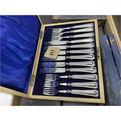 Cased canteens of fish knives and forks, together with part canteen in oak box and various other cased flatware, in two boxes 