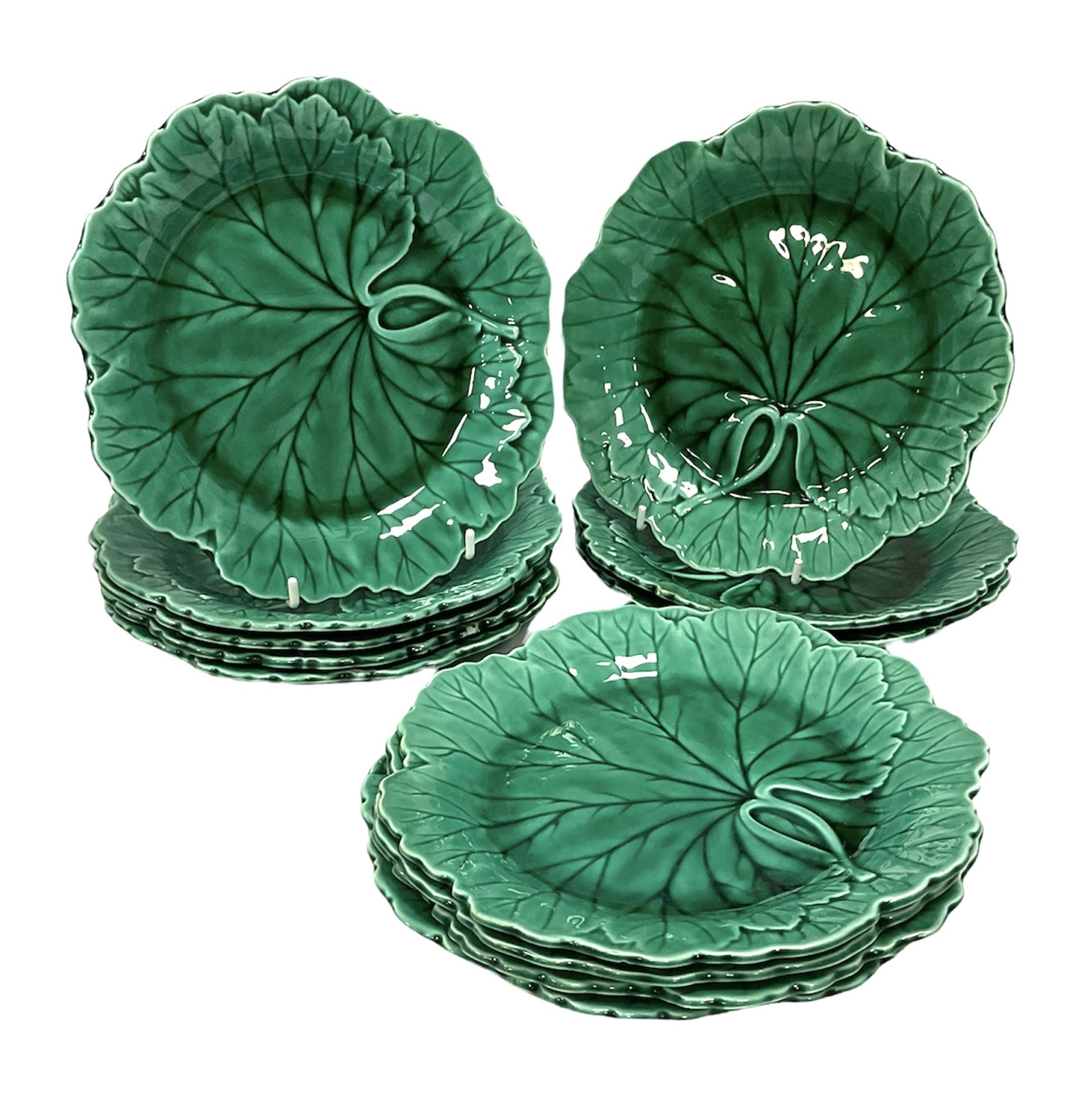 Twelve Wedgwood green majolica leaf dishes, all with printed mark beneath, D20cm