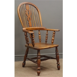  19th century elm broad arm Windsor chair, shaped and pierced splat and stick back, dished seat, turned supports with double 'H' stretcher base  