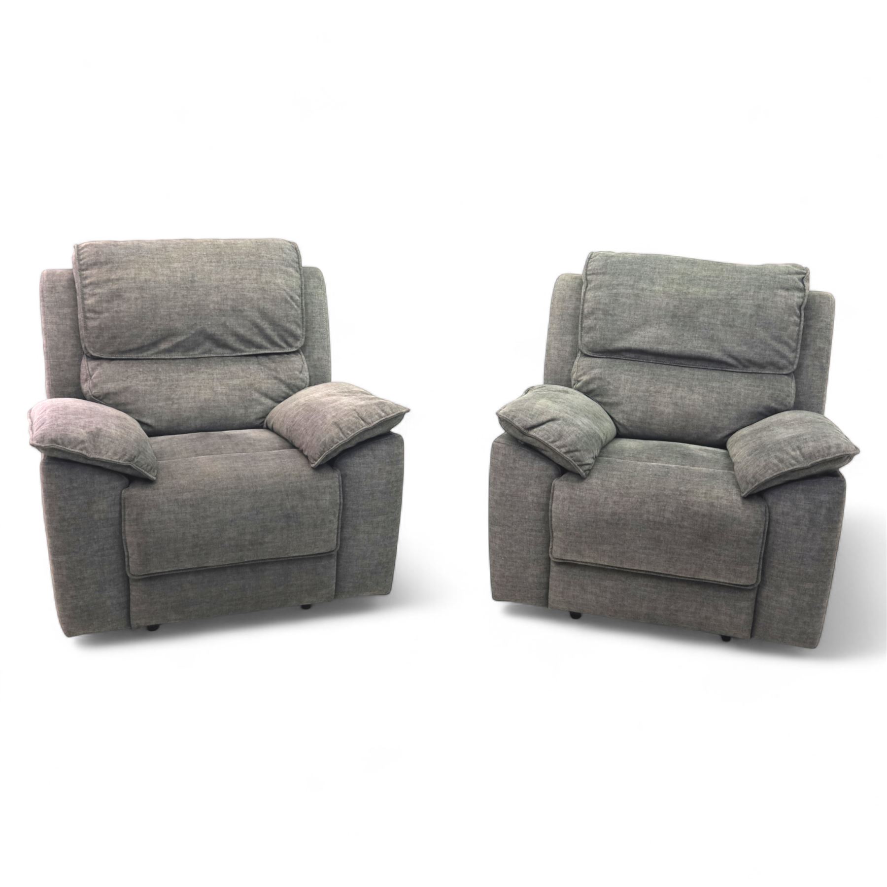 Oak Furnitureland - charcoal fabric electric recliner suite, comprising three-seat sofa and two matching armchairs, each with power reclining mechanism and integrated USB-A charging socket, upholstered in soft charcoal grey fabric with pillow arms and split back cushions

Armchairs W 100, D 82, H 104cm
Sofa W 230cm, D 82cm, H 104cm