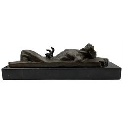 Bronze study of male nude after Seth Vandable, mounted on black marble plinth, L31cm