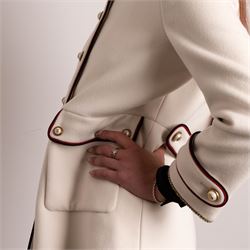 Gucci - bee embroidered wool single-breasted military coat, from the Autumn/Winter 2017 collection under Alessandro Michele, in ivory, with stand collar, red and navy trim, pearlescent and gold-tone button fastening and embroidered bee detailing to the collar, size 14, unused with original garment bag and tags