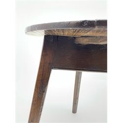 18th century oak jointed cricket table, circular three plank top on three splayed and tapering supports