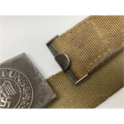 Pair of WW2 German Other Ranks trousers c1940-42, stamped C.& A. Brenninkmeyer Workstatten; WW2 German Army webbing belt with steel 'Gott Mit Uns' buckle; and WW2 German leather belt with 'Stahlhelm' (Steel Helmet League) members buckle (3)