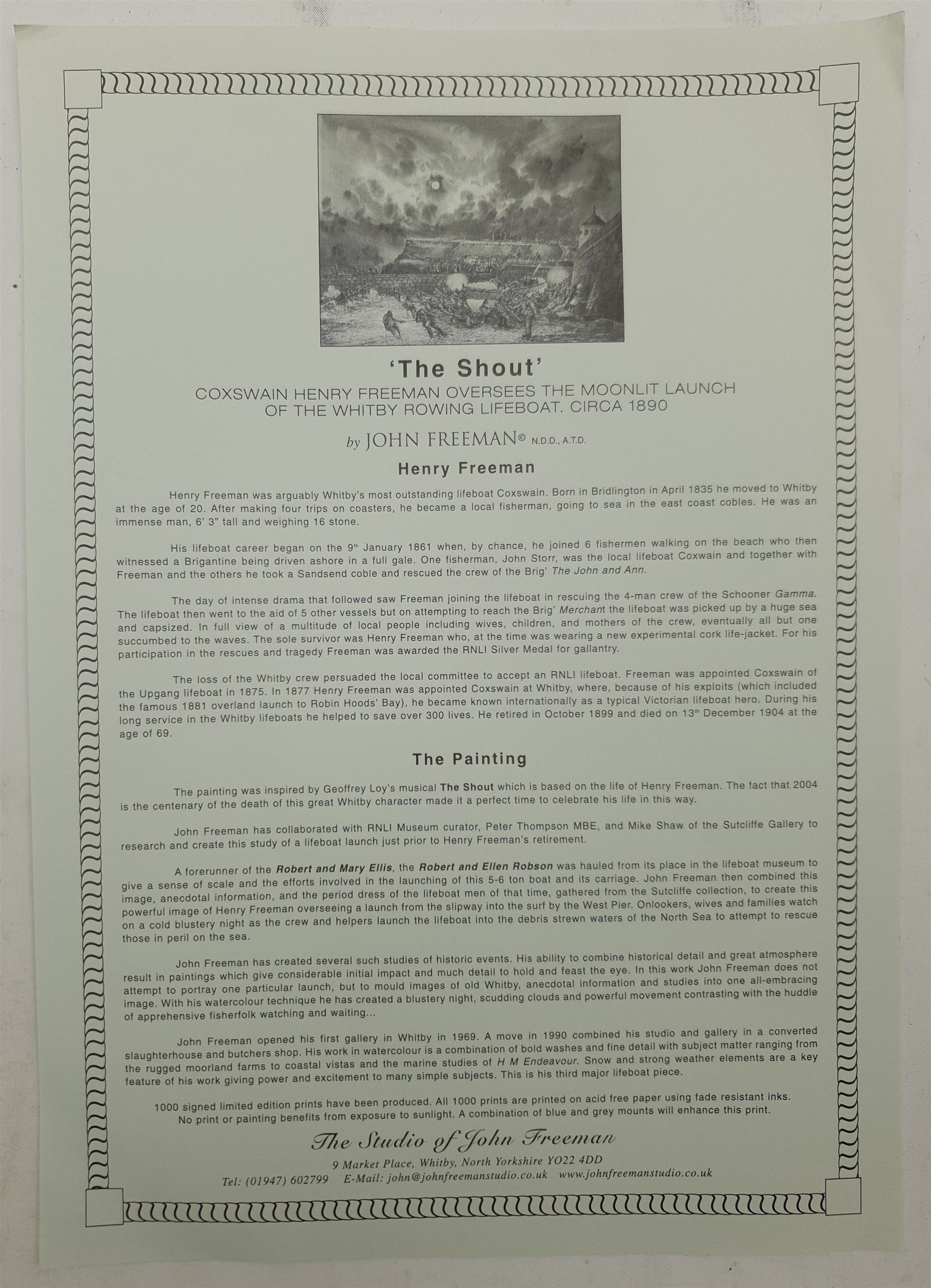 John Freeman (British 1942-): 'Sketch for 'The Shout'', pencil signed titled and dated '04, 19cm x 28cm, together with a postcard depicting the final watercolour 
Notes: this scene depicts coxswain Henry Freeman (1835-1904) overseeing the launch of the Whitby lifeboat 'Robert and Ellen Robson' c.1890. Freeman was the only survivor of the Whitby Lifeboat disaster of 9th February 1861, when over 200 ships were wrecked off the North East coast.