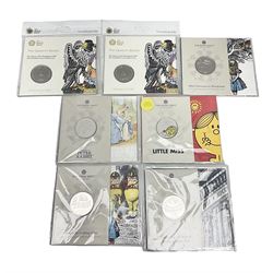 Seven The Royal Mint United Kingdom brilliant uncirculated commemorative five pound coins, including two 2019 The Queen's Beats 'The Falcon of the Plantagenets', 2021 'Alice's Adventures in Wonderland', 2021 'The Tale of Peter Rabbit', etc, all housed in card folders