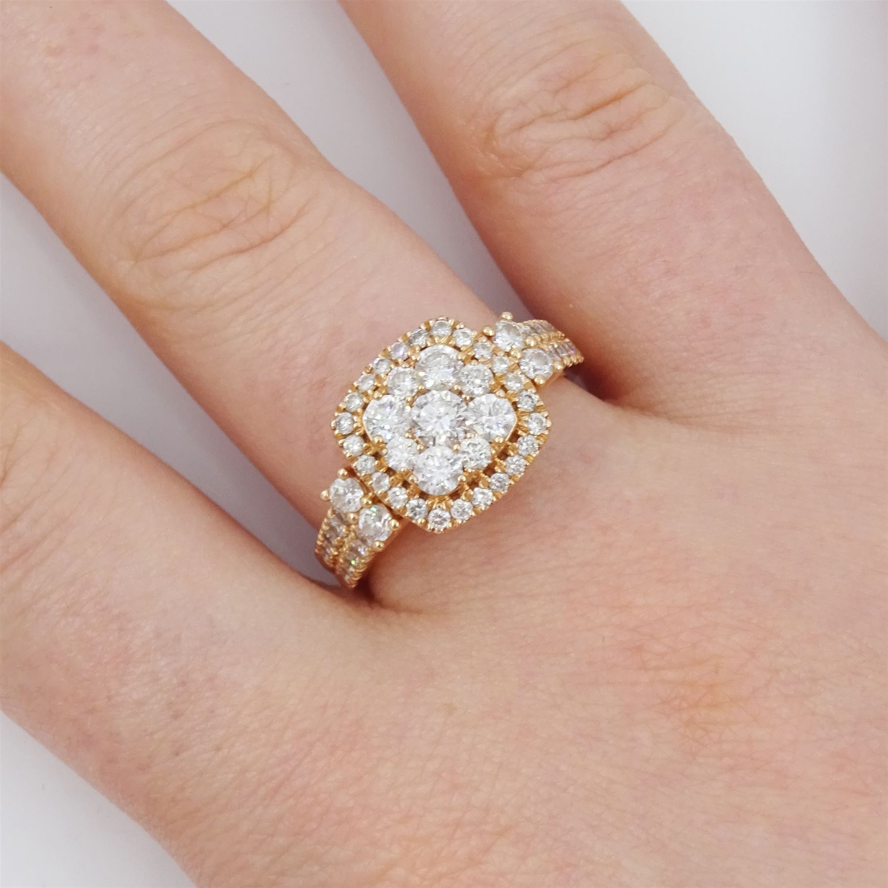 14ct rose gold round brilliant cut diamond halo cluster ring, with diamond set shoulders and gallery, stamped, total diamond weight approx 1.00 carat