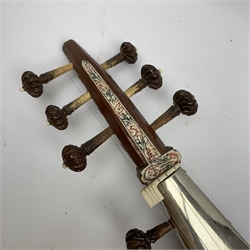 Indian sarangi multi-stringed instrument, the hardwood base with decorative bone inlay and mounts and metal covered fingerboard, L59cm