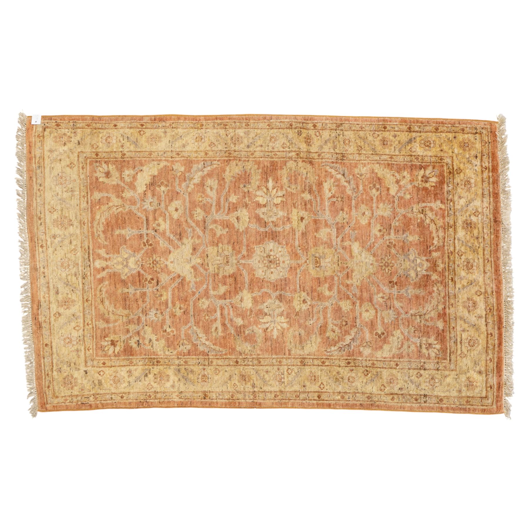Afghan Ziegler rug, terracotta field with an all-over design of palmettes and stylized foliage in soft beige and gold tones, with a Persian Qum silk prayer rug, with a central tree of life and flowering branches and birds, within multiple floral borders, 88x125cm (2)