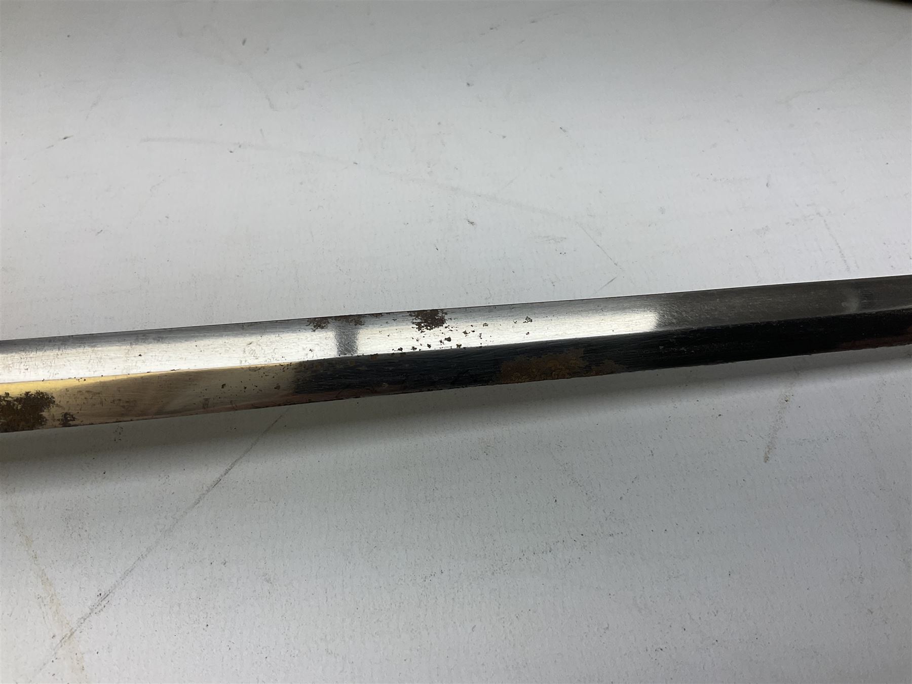 Replica knight's longsword, the 91.5cm double-edged steel blade with basket hilt and wire-bound bone grip with spherical pommel, in leather scabbard L112cm overall