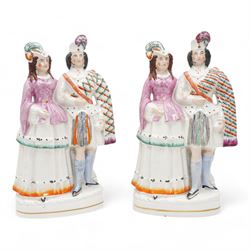 Victorian and later Staffordshire flatbacks, spill vases and figures including 'Gipsy Boy', two modelled as 'Marquess of Lorne and Princess Louise', 'Uncle Tom & Eva', 'Paul & Virginia' and other models, H33cm max (12)