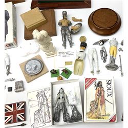 Quantity of cast metal figures and busts by Ceremonial Studios, Amati Miniatures etc including historical soldiers, American Native Indians etc predominantly in unmade/part constructed and unpainted kit form; together with associated accessories, wooden plinths etc; and boxed plastic soldiers