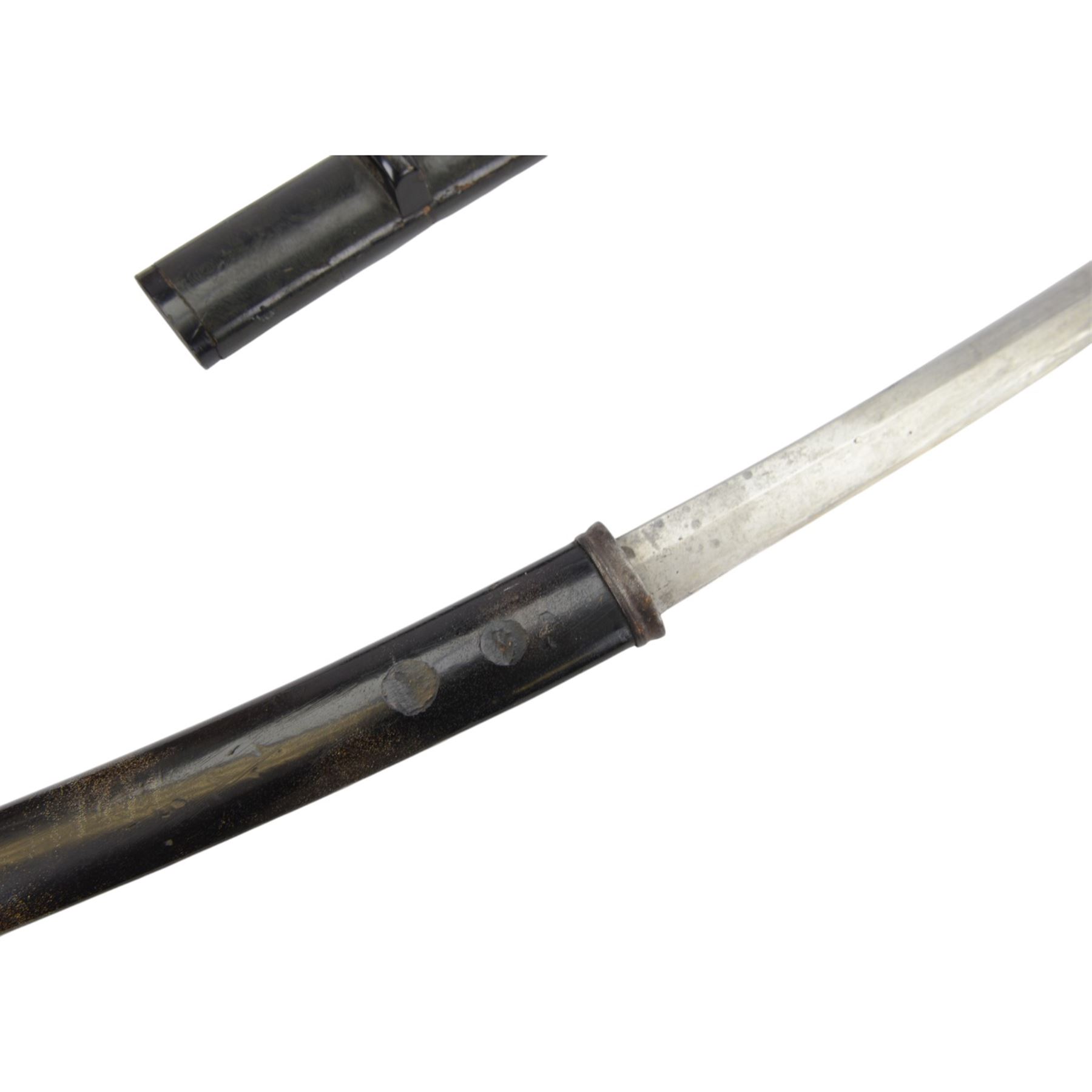 Replica Japanese katana with 63cm curved single edged blade in scabbard, overall L93cm, together with dagger with brass handle in a leather scabbard 