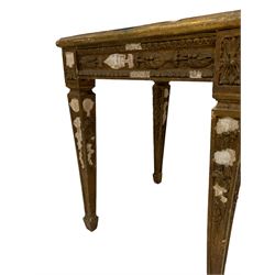 Pair of 20th century giltwood and gesso vase or lamp side table, the moulded square top with circular central recess, decorated with applied foliage and flower head mouldings, on square tapering supports with spade feet