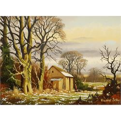 Vincent Selby (British 1919-2004): Snowy Farmstead, oil on panel signed 14cm x 19cm