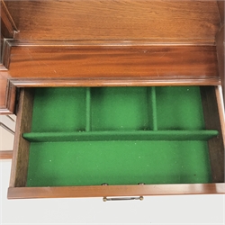 Wade Georgian style mahogany breakfront bookcase display cabinet, projecting cornice, dentil frieze, four doors enclosing six glazed shelves, eight graduating drawers flanking two cupboards, plinth base, W211cm, H203cm, D46cm