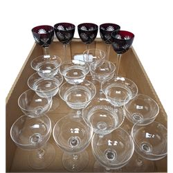 Five red hock glasses, set of six Webb & Corbett champagne coupes and other drinking glasses