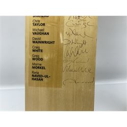 Two signed Yorkshire County cricket bats, from 2007 and 2008 seasons, bearing signatures including Darren Gough, Jason Gillespie, Younus Khan, Michael Vaughn and Tim Bresnan, etc