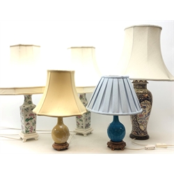  Collection of 20th century Chinese and Oriental style table lamps including a pair of square section Famille Rose lamps with shades H71cm (5)  