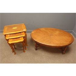  Oval coffee table, turned and reeded legs joined by stretchers, (W112cm, H41cm, D77cm) and a nest of three inlaid tables cabriole legs  