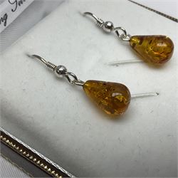 Pair of silver Baltic amber pendant earrings, boxed 