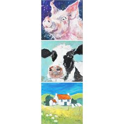 Ann Lamb (British 1955-): Cow, Pig and Rural Cottage, three mixed media signed 20cm x 20cm...