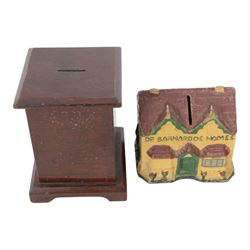 Six vintage money boxes, including papier mache Dr Barnados Homes, Wedgwood Rupert Bear, wooden crying cat, Berlin West baseball, glass owl, etc