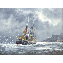  Jack Rigg (British 1927-): 'Dash Home' - 1960's Berwick Trawler heading for Whitby, oil on canvas signed, titled signed and dated 2003 verso  34cm x 45cm  DDS - Artist's resale rights may apply to this lot   