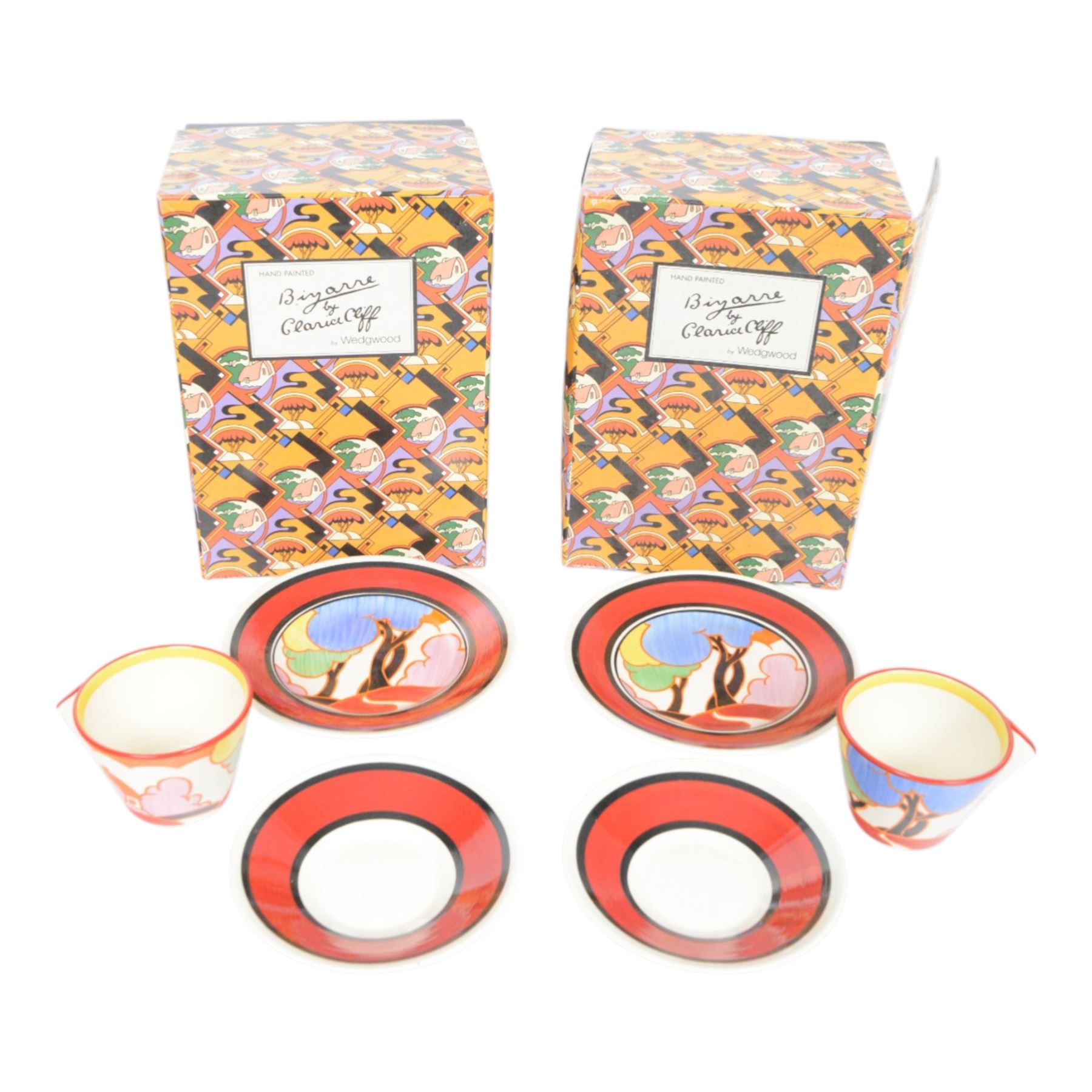 Wedgwood Bizarre by Clarice Cliff, Two sets of May Avenue, Colonial Teacup, saucer and side plate, limited edition 327 and 287 of 500, both with certificate and box