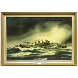  Peter Gerald Baker (British 20th century): Naval Ship's Portrait - 'HMS. Suffolk in North Atlantic Patrol 23rd May 1941 in Search of the Bismarck', oil on canvas signed, titled and dated 1979 verso 50.5cm x 75cm Provenance: with Highgate Gallery, Beverley, East Yorkshire  

