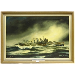  Peter Gerald Baker (British 20th century): Naval Ship's Portrait - 'HMS. Suffolk in North Atlantic Patrol 23rd May 1941 in Search of the Bismarck', oil on canvas signed, titled and dated 1979 verso 50.5cm x 75cm Provenance: with Highgate Gallery, Beverley, East Yorkshire  

