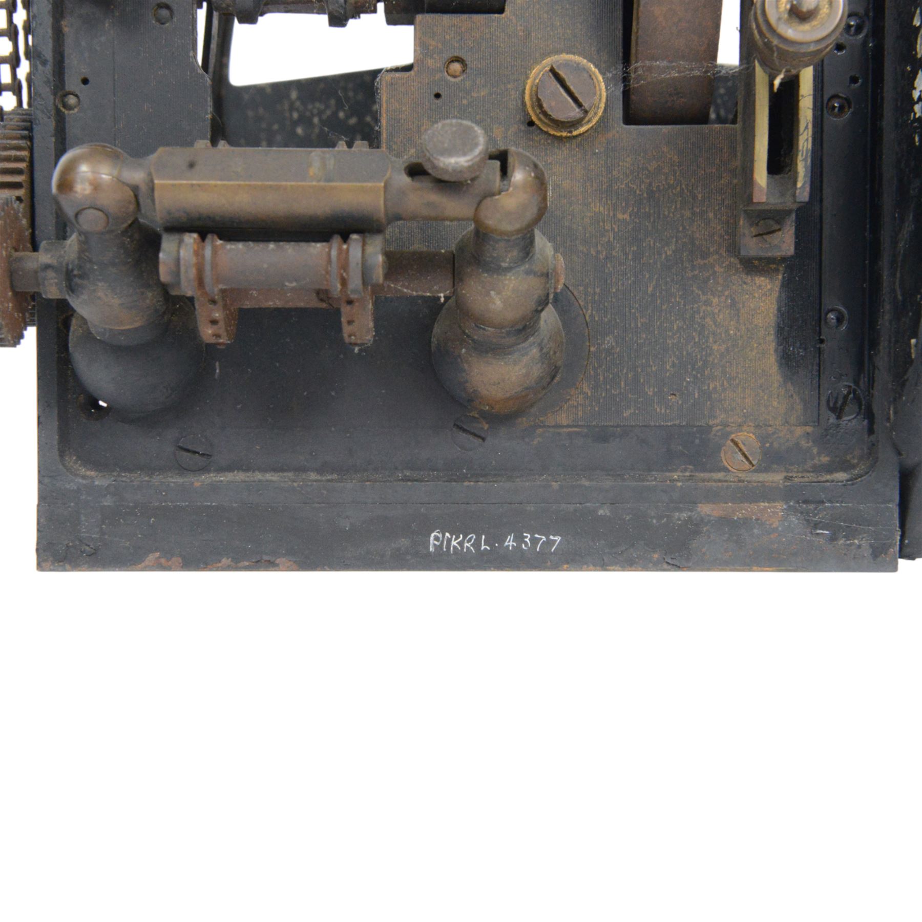 Early 20th century French cine film projector, impressed plate verso 'Pathe Freres Becker 23976', with geared mechanism, all mounted on a heavy black lacquered cast iron frame, H30cm