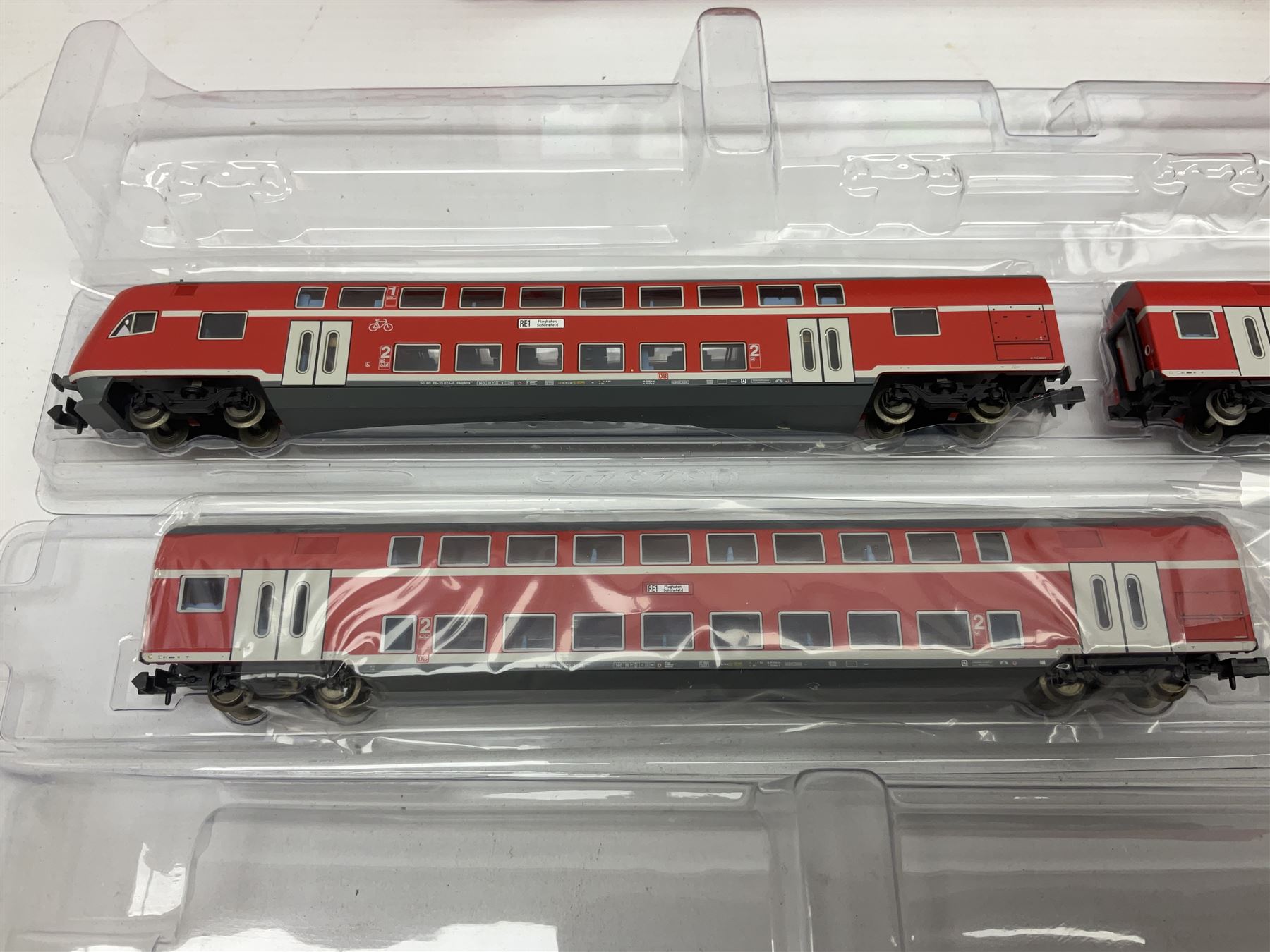 Fleischmann 'N' gauge - four-car set with double pantograph locomotive, dummy and two double decker coaches; No.825201 'Piccolo' three-piece wagon set; No.9198 'Piccolo' level crossing; No.9171 'Piccolo' points; and  No.KN35 Girder Bridge; all boxed