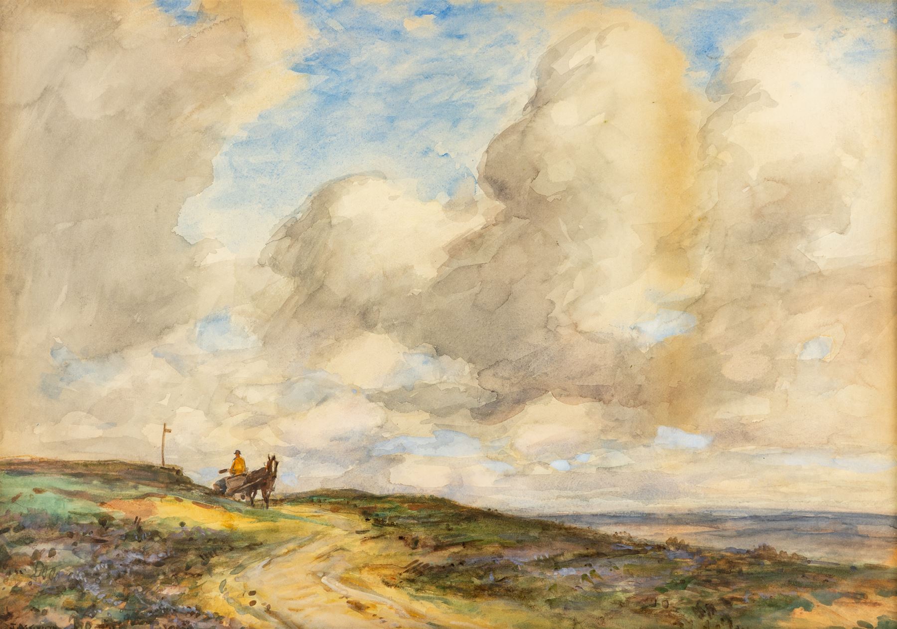 John Atkinson (Staithes Group 1863-1924): Heavy Skies over the Moors near Whitby with Lone Horse Drawn Cart, watercolour signed 38cm x 55cm
