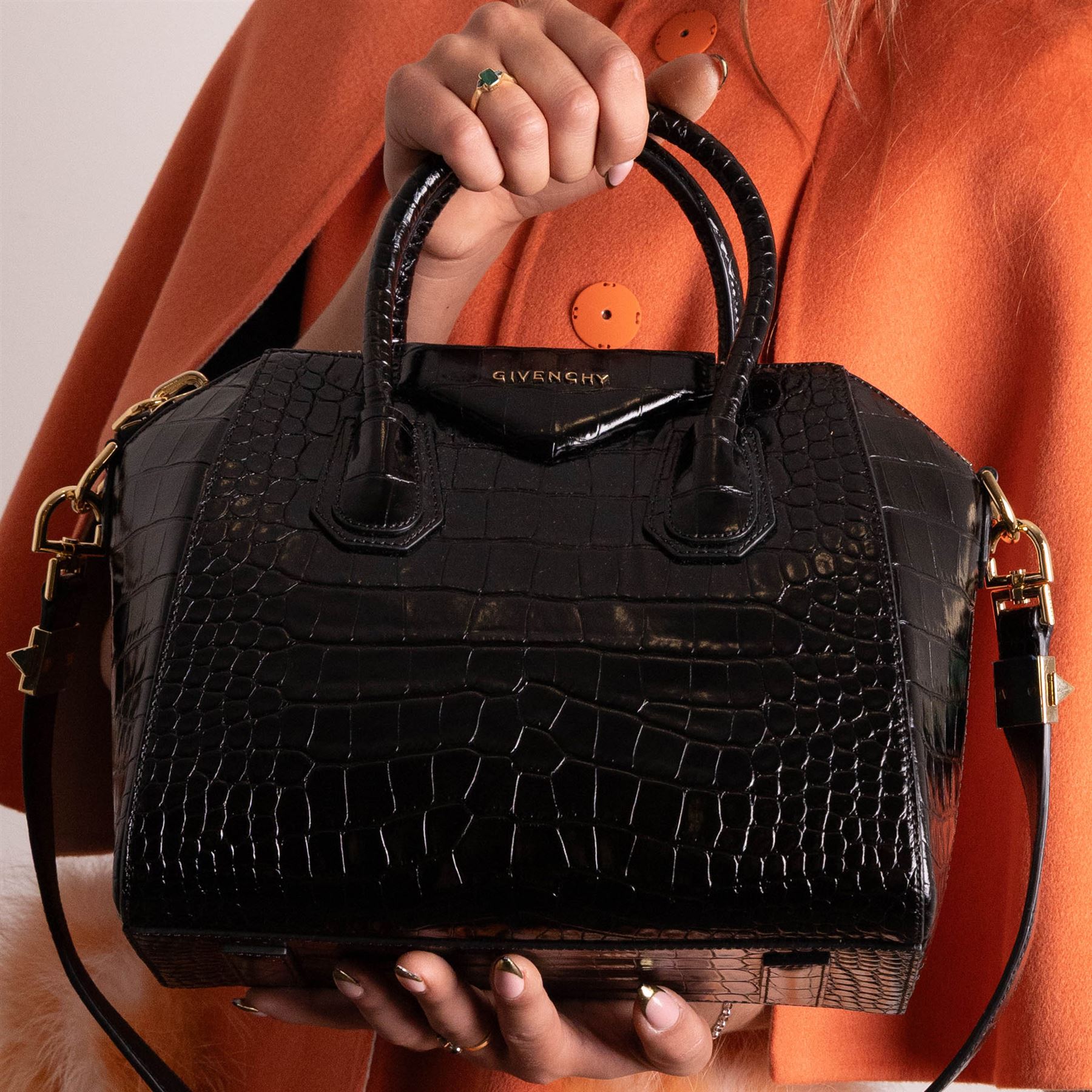 Givenchy - ‘Antigona’ Small Bag, introduced circa 2011 under Riccardo Tisci, in black crocodile-embossed calf leather, with twin top handles and detachable wide shoulder or crossbody strap, with gold tone hardware, unused with original dust bag