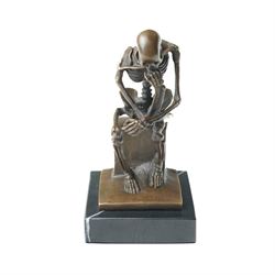 Bronze skeleton modelled as 'The Thinker', on black marble base, signed 'Milo' to plinth, H14cm