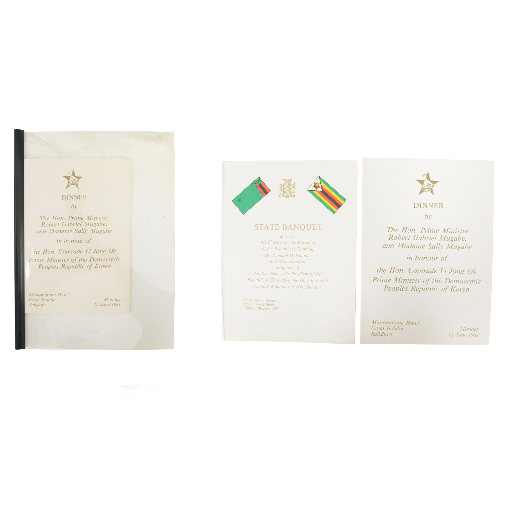 Menu signed by Robert Mugabe, Canaan Banana, and Kenneth Kaunda,  'Dinner by The Hon. Prime Minister Robert Gabriel Mugabe and Madame Sally Mugabe in honour of the Hon. Comrafe Li Jong Ok Prime Minister of the Democratic Peoples Republic of Korea, H21cm
Provenance: the vendor's husband was Food and Beverage Manager at the meal and had the menu signed