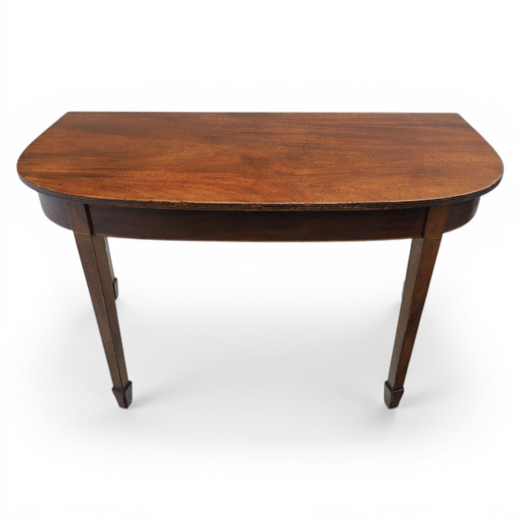 Late Georgian mahogany console side table, D-shaped top with reeded edge, above an inlaid frieze on square tapering supports with spade feet
