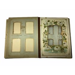 Victorian unstocked embossed leather bound photograph album, with floral  decoration inside H24cm, and Victorian unstocked embossed green bound photograph album, with floral decoration inside  H29cm