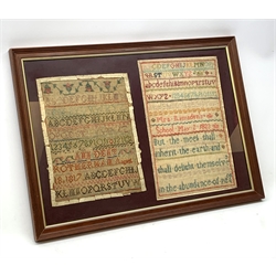 Two early 19th century cross stitch samplers, the first example a Alphabet sampler dated 1817, the second example also an Alphabet example dated 1823, framed and glazed, frame H39.5cm L55cm.  