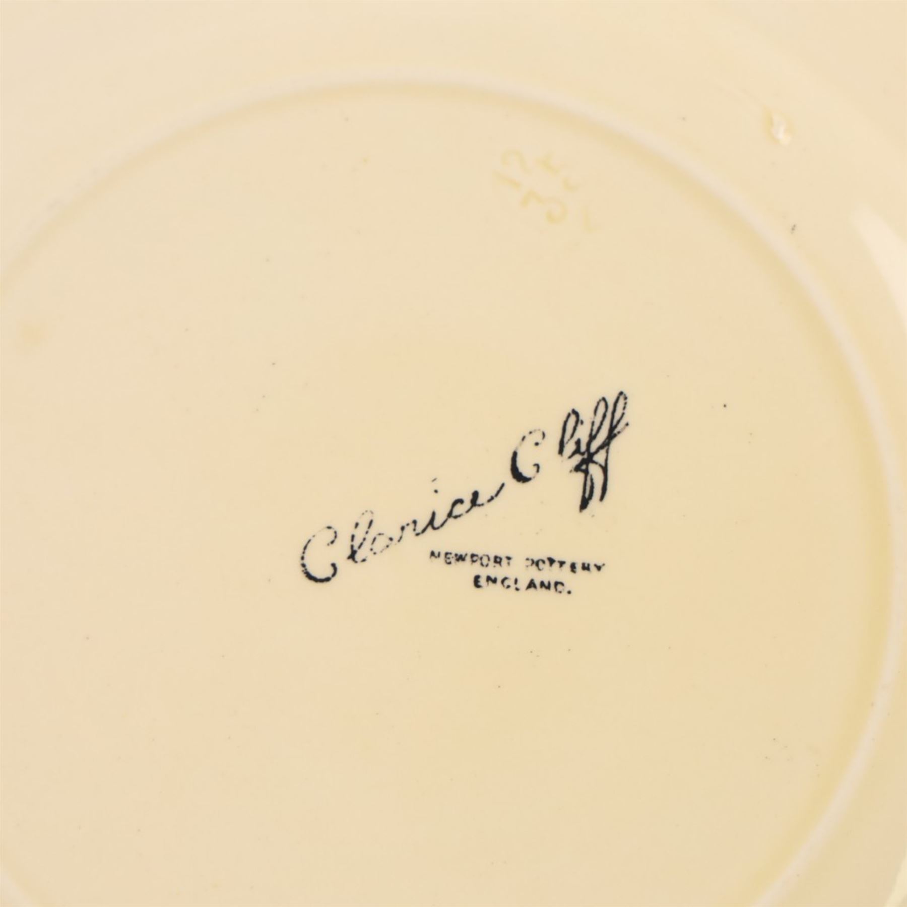 Clarice Cliff Sungleam Crocus pattern plate, together with Crocus pattern preserve jar, both with printed marks beneath, plate D23cm 