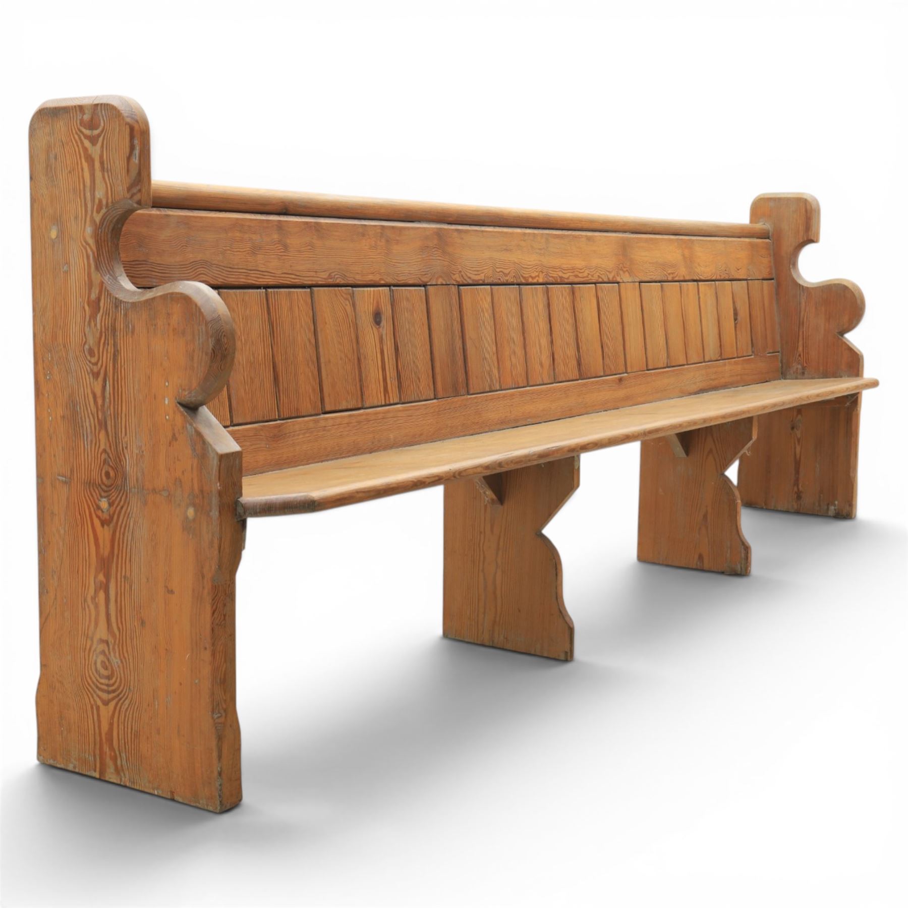Victorian pitch pine church pew, tongue and groove back with rear shelf, shaped sides and supports 